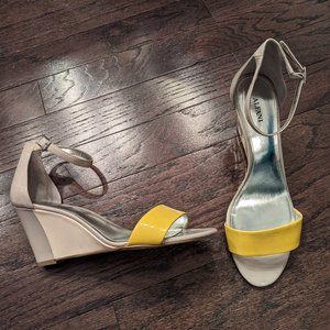 Beige, yellow and gray color block, patent leather Alfani Wedge Sandals size 10